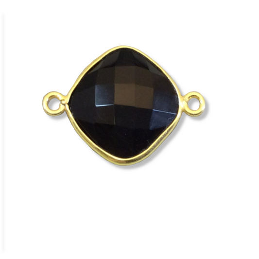 Gold Plated Faceted Hydro (Lab Created) Jet Black Onyx Diamond Shaped Bezel Connector - Measuring 15mm x 15mm - Sold Individually