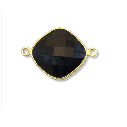 Gold Plated Faceted Hydro (Lab Created) Jet Black Onyx Diamond Shaped Bezel Connector - Measuring 18mm x 18mm - Sold Individually