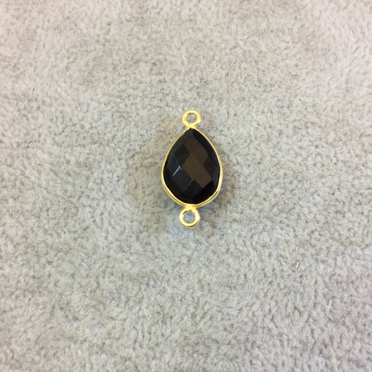 Gold Plated Faceted Hydro (Lab Created) Jet Black Onyx Heart/Teardrop Shaped Bezel Connector - Measuring 10mm x 15mm - Sold Individually