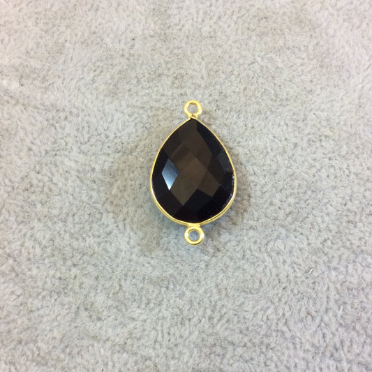 Hydro Jet Black Onyx Bezel | Gold Plated Faceted (Lab Created) Heart Teardrop Shaped Bezel Connector - Measuring 15mm x 20mm