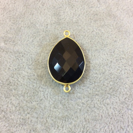 Gold Plated Faceted Hydro (Lab Created) Jet Black Onyx Heart/Teardrop Shaped Bezel Connector - Measuring 18mm x 25mm - Sold Individually