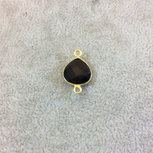 Gold Plated Faceted Hydro (Lab Created) Jet Black Onyx Heart/Teardrop Shaped Bezel Connector - Measuring 12mm x 12mm - Sold Individually