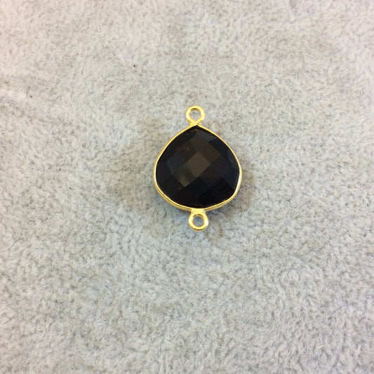Gold Plated Faceted Hydro (Lab Created) Jet Black Onyx Heart/Teardrop Shaped Bezel Connector - Measuring 15mm x 15mm - Sold Individually