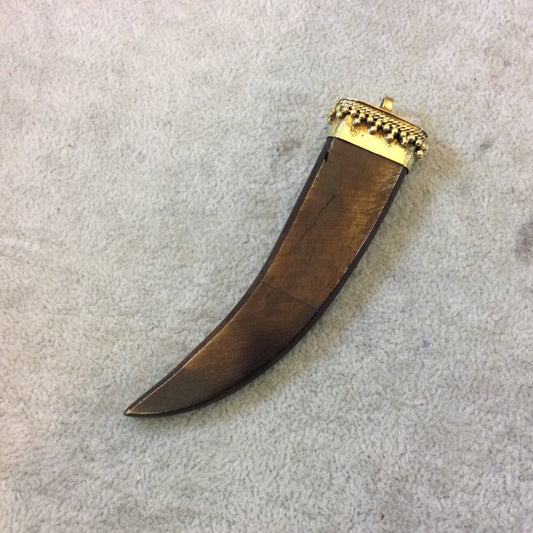 3.5" Warm Brown Flat Tusk/Claw Shaped Natural Ox Bone Pendant with Dotted Gold Cap - Measuring 22mm x 92mm, Approx. - (TR053-WB)