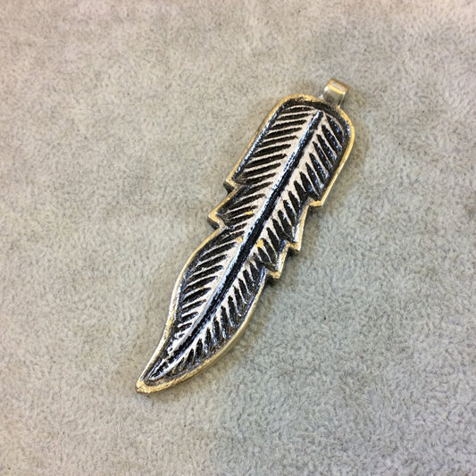 3.25" Heavy Gold/Silver Plated Raw Brass Textured/Detailed Feather Shaped Charm/Pendant - Measuring 22mm x 84mm, Approx. - Sold Individually