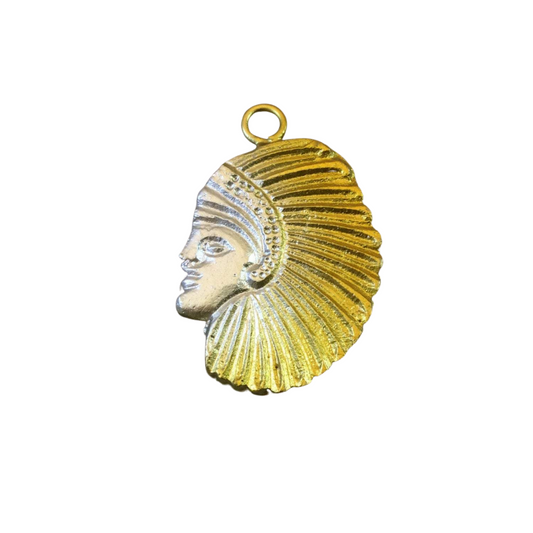 1.75" Heavy Gold/Silver Plated Raw Brass Native American Head/Face Shaped Charm/Pendant - Measuring 35mm x 45mm, Approx. - Sold Individually