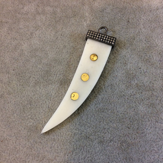 2.75" White/Ivory Ox Bone Flat Tusk Pendant with Dot Inlay and Pave Cubic Zirconia Encrusted Cap - Measuring 18mm x 75mm - Sold Individually