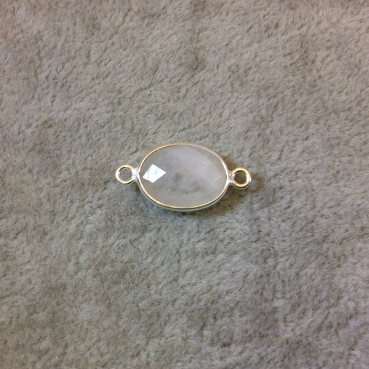 Sterling Silver Faceted Oval Shaped Moonstone Bezel Connector Component - Measuring 10mm x 15mm - Natural Semi-Precious Gemstone