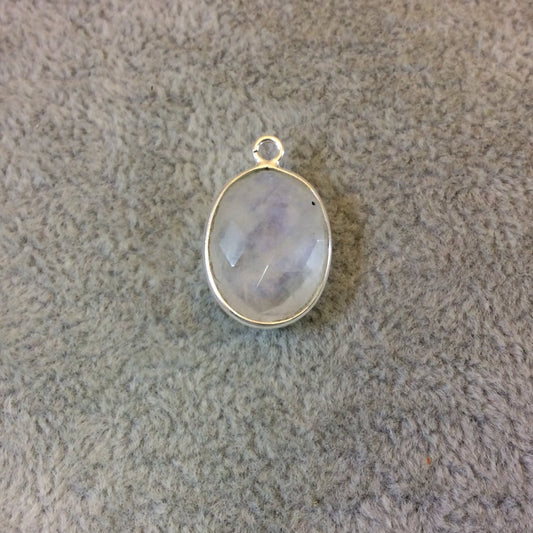 Sterling Silver Faceted Oblong Oval Shaped Moonstone Bezel Pendant Component - Measuring 13mm x 17mm - Natural Semi-Precious Gemstone