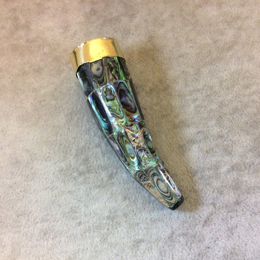 SALE - 3" Iridescent Rainbow Flat Point Round Tusk/Claw Shaped Natural Abalone Pendant with Gold Cap - Measuring 23mm x 80mm - (TR3RBFPRAB)