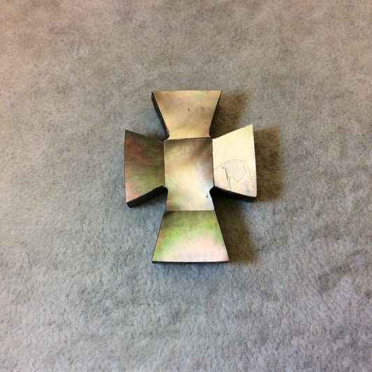 1.5" Iridescent Gray/White Cross Shaped Wooden Pendant with Natural Abalone Shell Overlay - Measuring 31mm x 41mm, 8mm Thick - (TR15GRCRAB)
