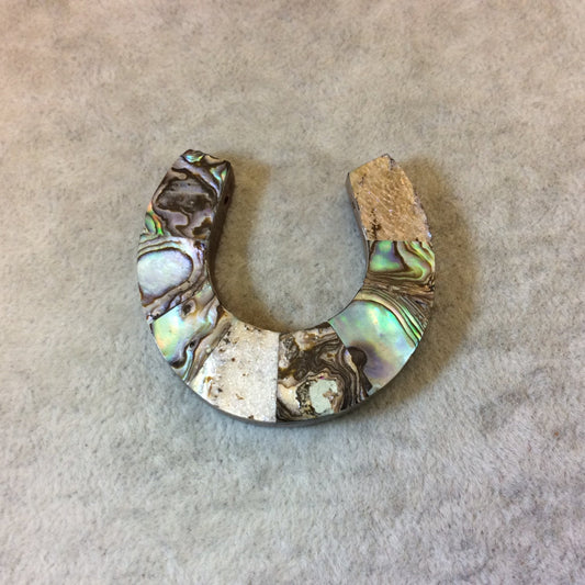 1.75" Iridescent Rainbow Horseshoe Shaped Wooden Pendant with Abalone Shell Overlay - Measuring 45mm x 46mm, 8mm Thick - (TR175RBHAB)