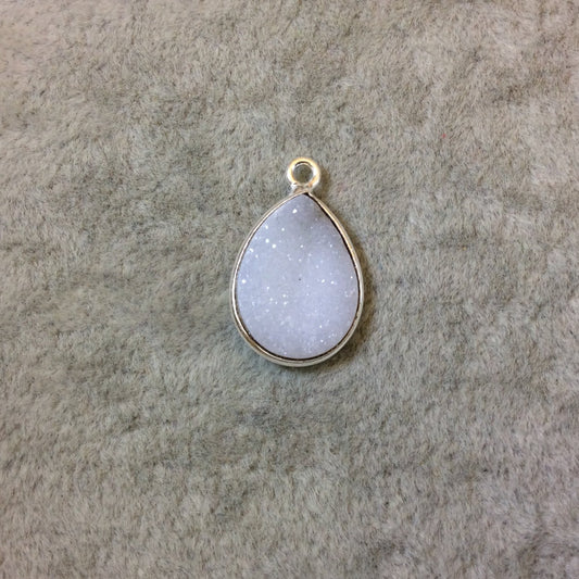 Silver Finish Snow White Pear/Teardrop Shaped Natural Druzy Stone Bezel Pendant Component - Measures 12mm x 17mm - Sold Individually