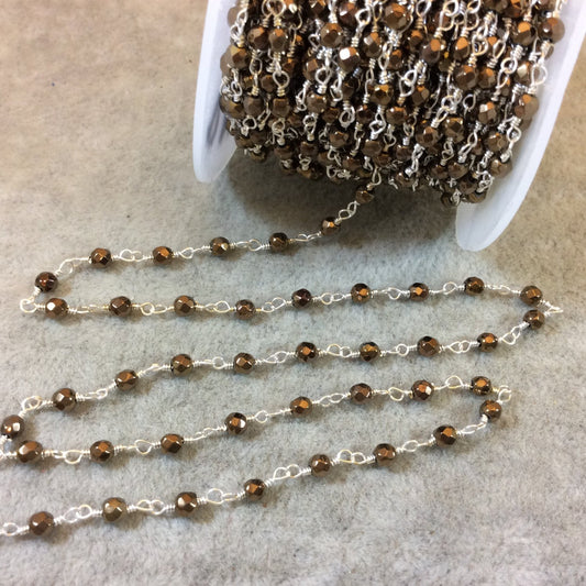 Silver Plated Copper Rosary Chain with 3mm Faceted Round Shaped Bronze Hematite Beads - Sold by the Foot! (CH079-SV) - Natural Beaded Chain
