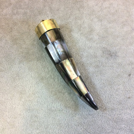 3.25" Iridescent Gray/White Pointed Round Tusk/Claw Shaped Natural Abalone Pendant with Gold Cap - Measuring 20mm x 86mm - (TR037-GA)