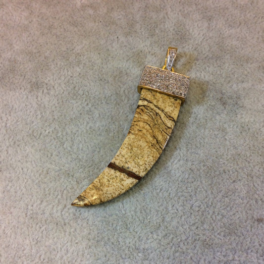 Genuine Pave Diamond Encrusted Gold Plated Sterling Silver and Picture Jasper Tusk Pendant - Measuring 18mm x 60mm, Approx. - 1.2 carats