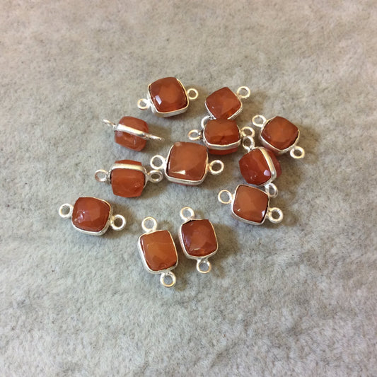 Silver Finish Faceted Carnelian Cube/Square Shaped Plated Copper Bezel Connector - Measuring 6-7mm - Natural Gemstone - Sold Individually