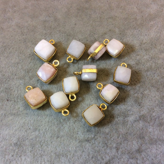 Gold Finish Faceted Pink Opal Cube/Square Shaped Plated Copper Bezel Charm/Drop - Measuring 7-8mm - Natural Gemstone - Sold Individually