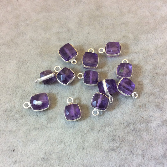 Silver Finish Faceted Amethyst Cube/Square Shaped Plated Copper Bezel Charm/Drop - Measuring 6-7mm - Natural Gemstone - Sold Individually
