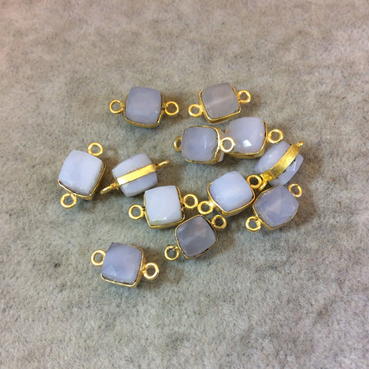 Gold Finish Faceted Chalcedony Cube/Square Shaped Plated Copper Bezel Connector - Measuring 7-8mm - Natural Gemstone - Sold Individually