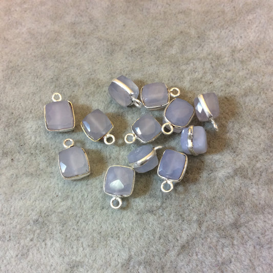 Silver Finish Faceted Chalcedony Cube/Square Shaped Plated Copper Bezel Charm/Drop - Measuring 7-8mm - Natural Gemstone - Sold Individually
