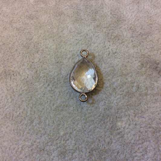 Gunmetal Plated Faceted Clear Hydro (Lab Created) Quartz Pear/Teardrop Shaped Bezel Connector - Measuring 12mm x 16mm - Sold Individually