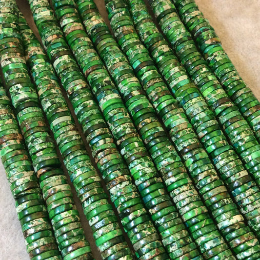 2mm x 8mm Smooth Green Sea Sediment Jasper Heishi/Disc Shaped Beads - 16.25" Strand (Approximately 213 Beads) - Natural Aqua Terra Stone