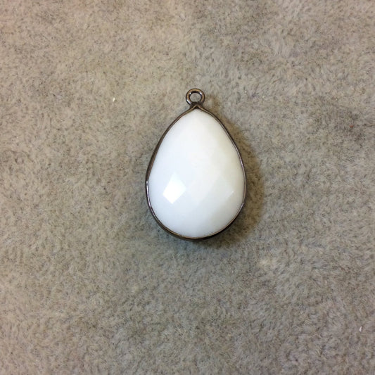 Gunmetal Plated Faceted White Hydro (Lab Created) Chalcedony Pear/Teardrop Shaped Bezel Pendant - Measuring 18mm x 24mm - Sold Individually