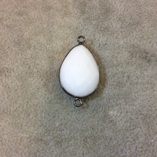 Gunmetal Plated Faceted White Hydro (Lab Created) Chalcedony Pear/Teardrop Shape Bezel Connector - Measuring 18mm x 24mm - Sold Individually