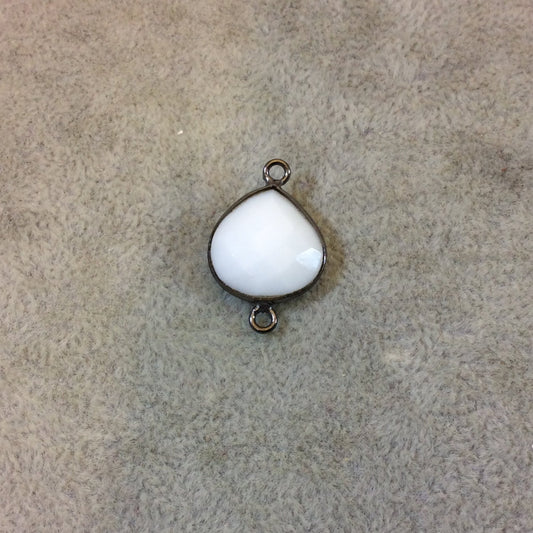 Gunmetal Plated Faceted White Hydro (Lab Created) Chalcedony Heart/Teardrop Shape Bezel Connector - Measuring 15mm x 15mm - Sold Individual