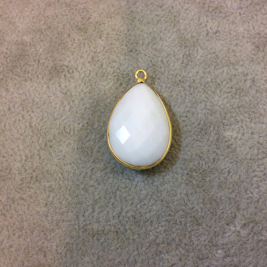 Gold Plated Faceted White Hydro (Lab Created) Chalcedony Pear/Teardrop Shaped Bezel Pendant - Measuring 18mm x 24mm - Sold Individually