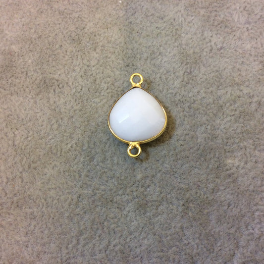 Gold Plated Faceted White Hydro (Lab Created) Chalcedony Heart/Teardrop Shaped Bezel Connector - Measuring 15mm x 15mm - Sold Individually