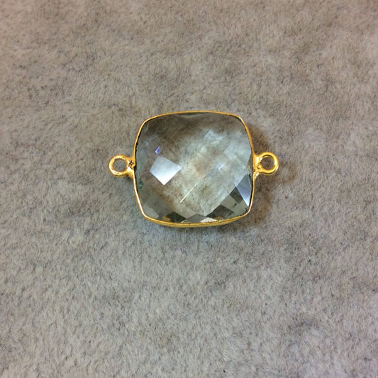 Gold Plated Faceted Pale Green Hydro (Lab Created) Quartz Square Shaped Bezel Connector - Measuring 18mm x 18mm - Sold Individually