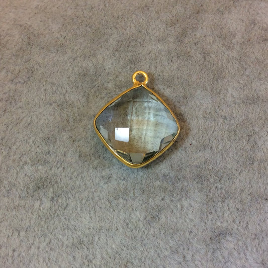 Gold Pale Faceted Pale Green Hydro (Lab Created) Quartz Diamond Shaped Bezel Pendant - Measuring 15mm x 15mm - Sold Individually