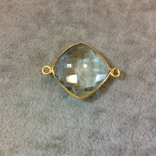 Gold Plated Faceted Pale Green Hydro (Lab Created) Quartz Diamond Shaped Bezel Connector - Measuring 18mm x 18mm - Sold Individually