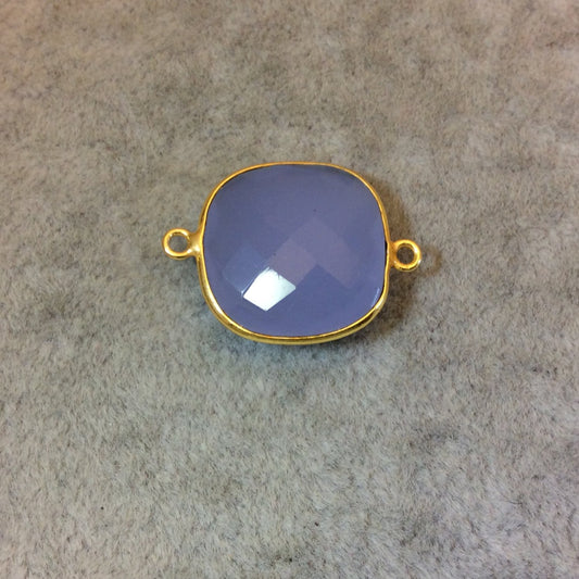 Gold Finish Faceted Semi-Transparent Pale Blue Chalcedony Square Shaped Bezel Connector - Measuring 18mm x 18mm - Natural Gemstone