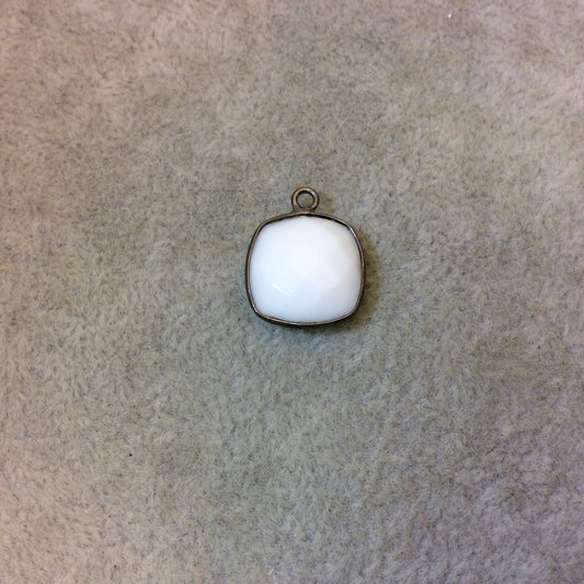Gunmetal Plated Faceted White Hydro (Lab Created) Chalcedony Square Shaped Bezel Pendant - Measuring 15mm x 15mm - Sold Individually