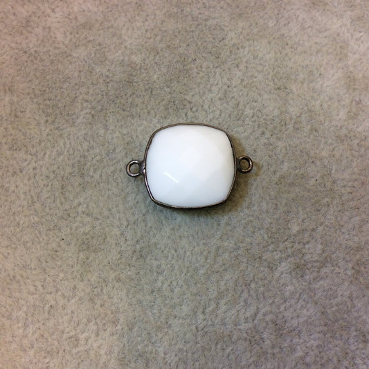 Gunmetal Plated Faceted White Hydro (Lab Created) Chalcedony Square Shaped Bezel Connector - Measuring 18mm x 18mm - Sold Individually