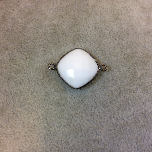 Gunmetal Plated Faceted White Hydro (Lab Created) Chalcedony Diamond Shaped Bezel Connector - Measuring 18mm x 18mm - Sold Individually