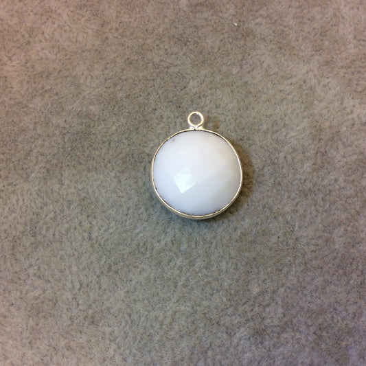 Silver Plated Faceted White Hydro (Lab Created) Chalcedony Round/Coin Shaped Bezel Pendant - Measuring 18mm x 18mm - Sold Individually