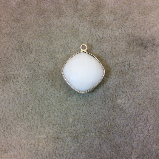 Silver Plated Faceted White Hydro (Lab Created) Chalcedony Diamond Shaped Bezel Pendant - Measuring 18mm x 18mm - Sold Individually