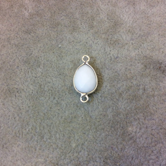 Silver Plated Faceted White Hydro (Lab Created) Chalcedony Pear/Teardrop Shaped Bezel Connector - Measuring 10mm x 15mm - Sold Individually