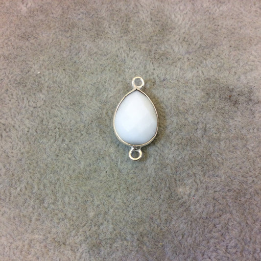 Silver Plated Faceted White Hydro (Lab Created) Chalcedony Pear/Teardrop Shaped Bezel Connector - Measuring 12mm x 16mm - Sold Individually