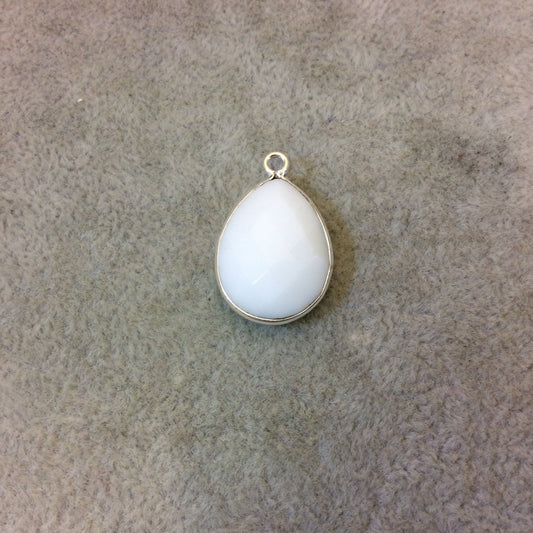 Silver Plated Faceted White Hydro (Lab Created) Chalcedony Pear/Teardrop Shaped Bezel Pendant - Measuring 15mm x 20mm - Sold Individually