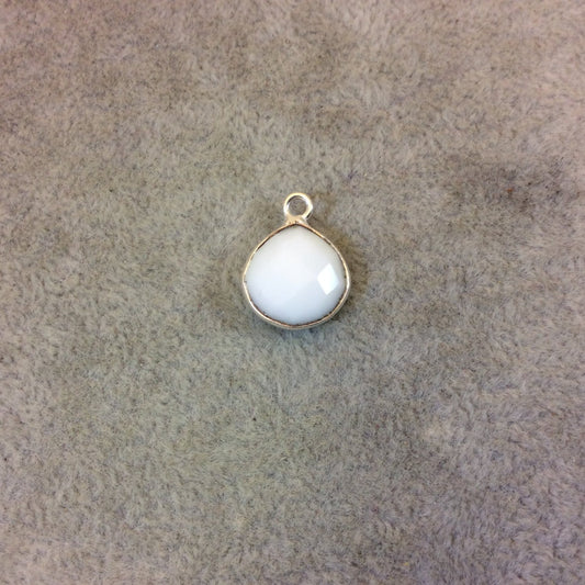 Silver Plated Faceted White Hydro (Lab Created) Chalcedony Heart/Teardrop Shaped Bezel Pendant - Measuring 12mm x 12mm - Sold Individually