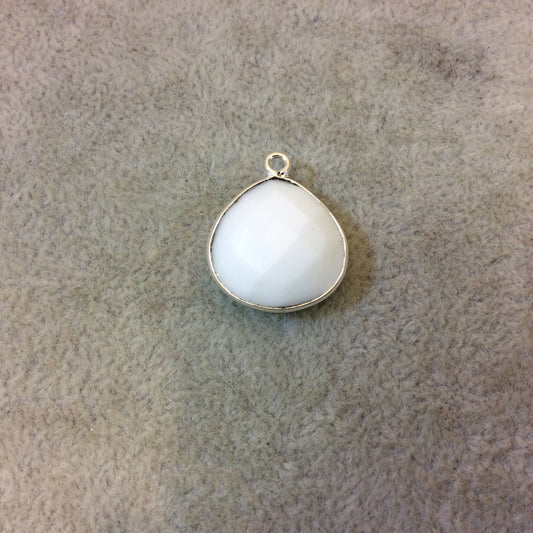 Silver Plated Faceted White Hydro (Lab Created) Chalcedony Heart/Teardrop Shaped Bezel Pendant - Measuring 18mm x 18mm - Sold Individually