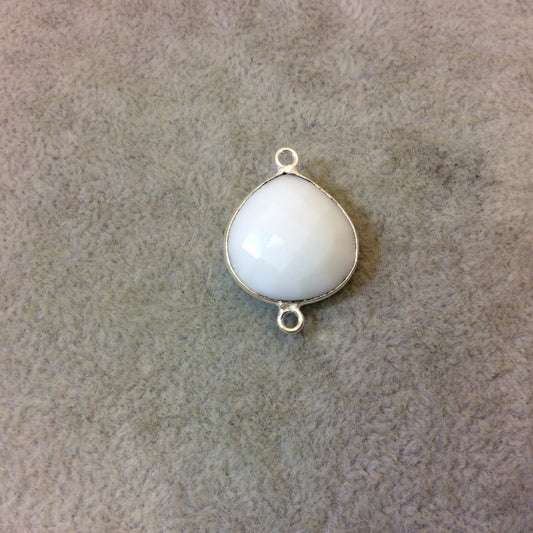 Silver Plated Faceted White Hydro (Lab Created) Chalcedony Heart/Teardrop Shaped Bezel Connector - Measuring 18mm x 18mm - Sold Individually