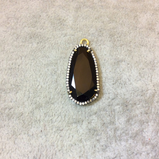 Gold Finish CZ Cubic Zirconia Rimmed Faceted Natural Black Onyx Long Oval Shaped Bezel Pendant - Measures 13 x 21mm - Sold Individually