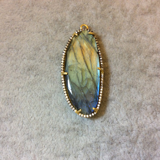 Gold Finish CZ Cubic Zirconia Rimmed Faceted Iridescent Labradorite Long Oval Shape Bezel Pendant - Measures 29mm x 43mm - Sold Individually