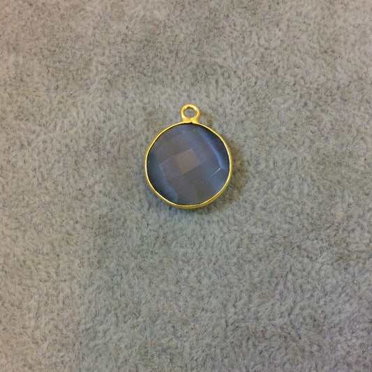 Gold Plated Faceted Synthetic Gray Cat's Eye (Manmade Glass) Round/Coin Shaped Bezel Pendant - Measuring 15mm x 15mm - Sold Individually